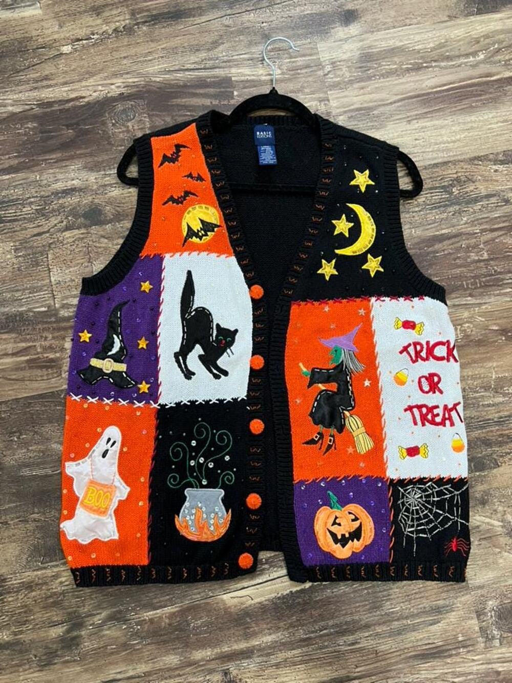 Vintage 90s Basic Editions Halloween Sweater Vest Large Trick or Treat Patchwork